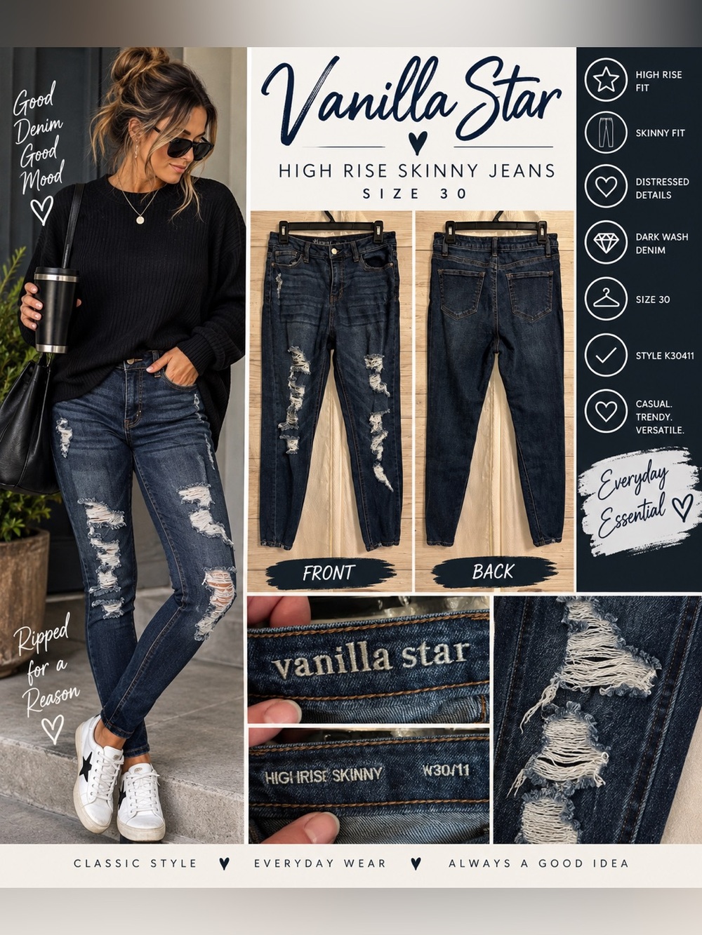 Vanilla Star High Rise Skinny Jeans Size 30 Distressed Dark Wash